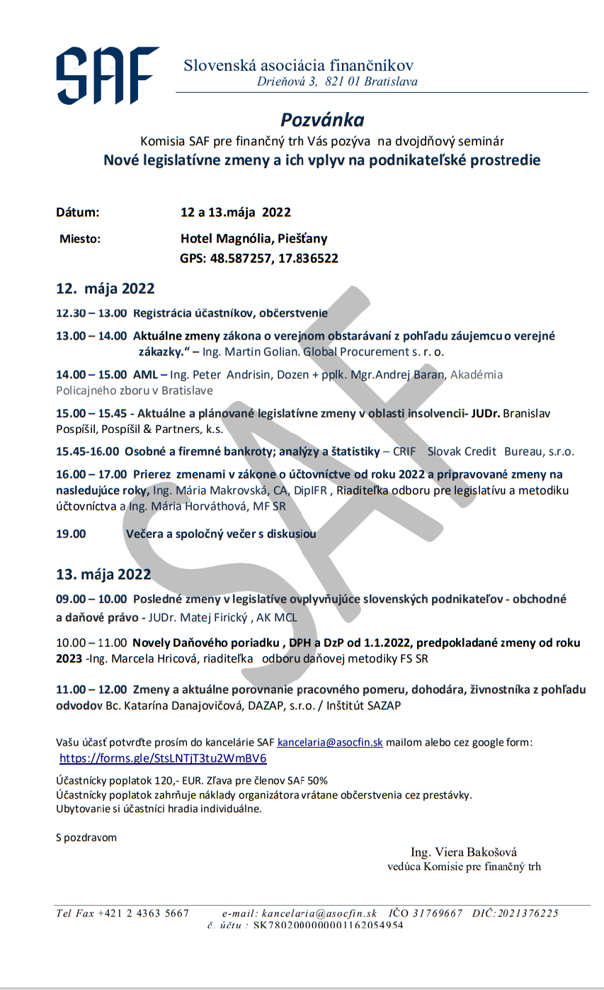 Pozvánka na seminár Nové legislatívne zmeny a ich vplyv na podnikateľské prostredie, v dňoch 12. a 13. mája  2022, hotel Magnólia Piešťany