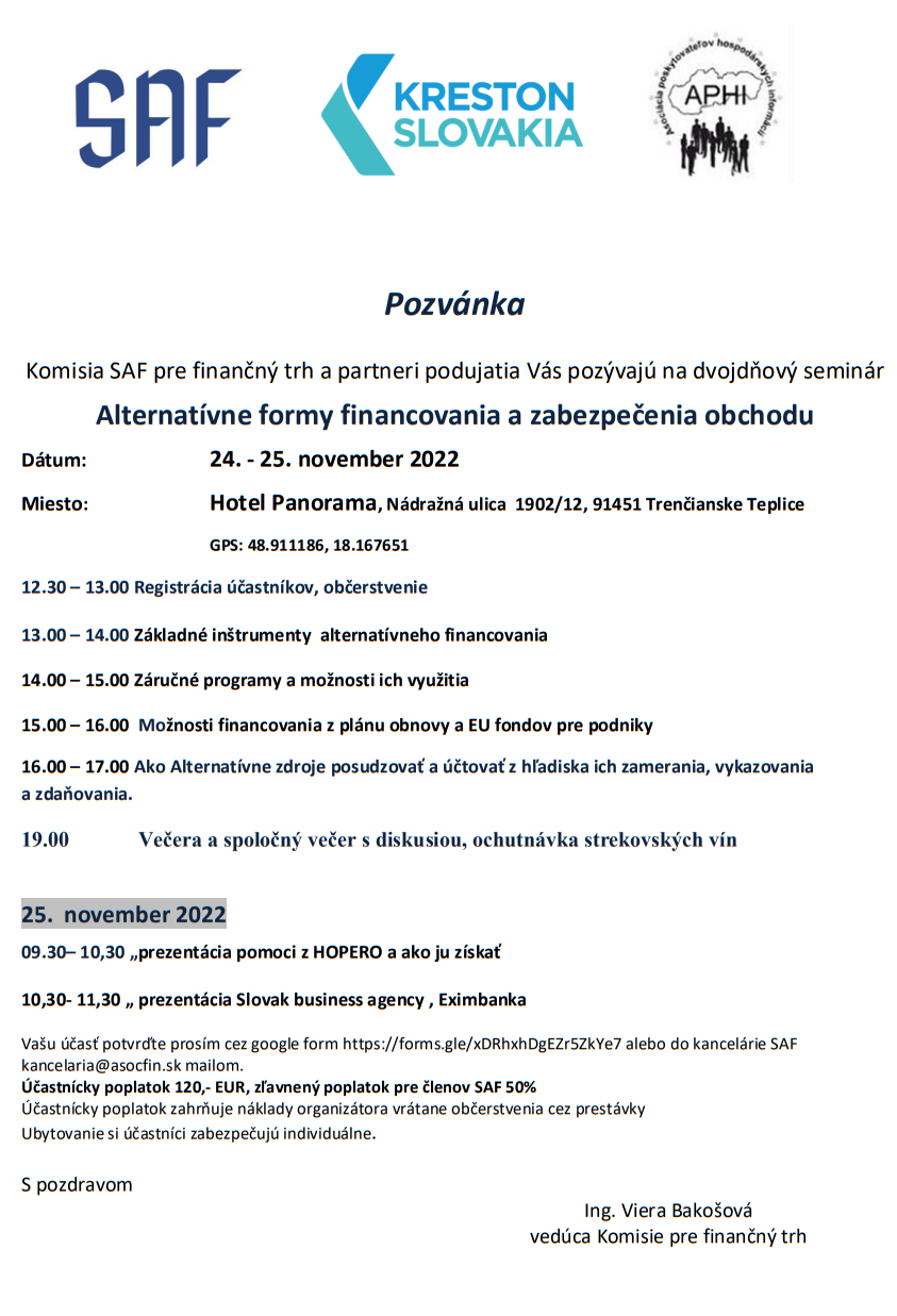 Pozvánka na seminár: Alternatívne formy financovania a zabezpečenia obchodu, 24. - 25. november 2022, hotel Panorama Trenčianske Teplice